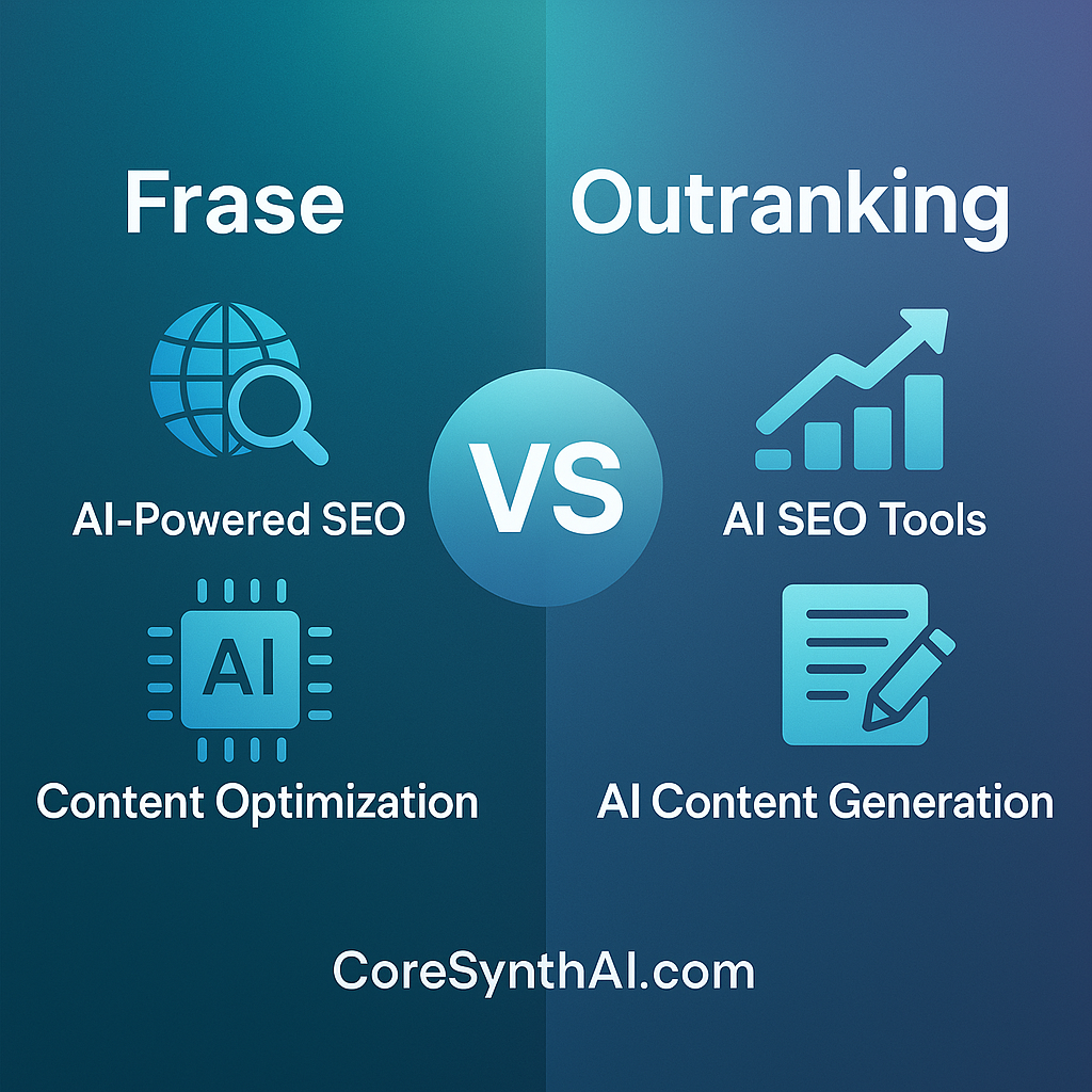 Comparison graphic for frase vs outranking 2025 showing AI SEO tools side by side