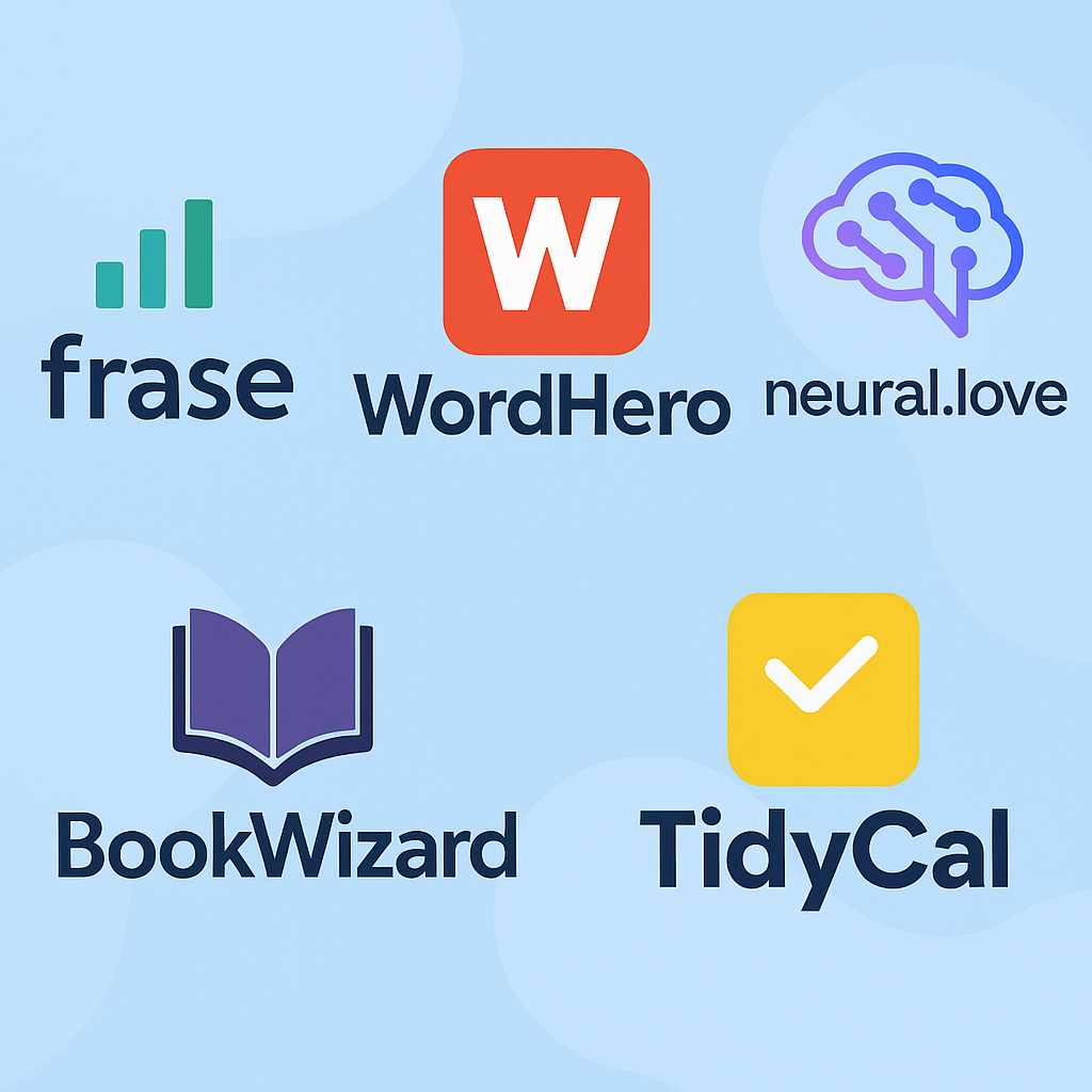 Illustration of AI tool logos including Frase, WordHero, Neural.love, BookWizard, and TidyCal